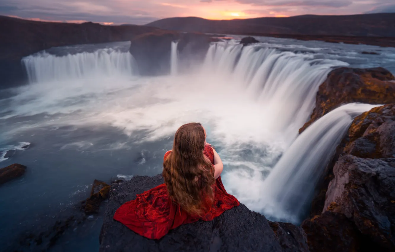 Photo wallpaper girl, stones, waterfall, in red, Lizzy Gadd