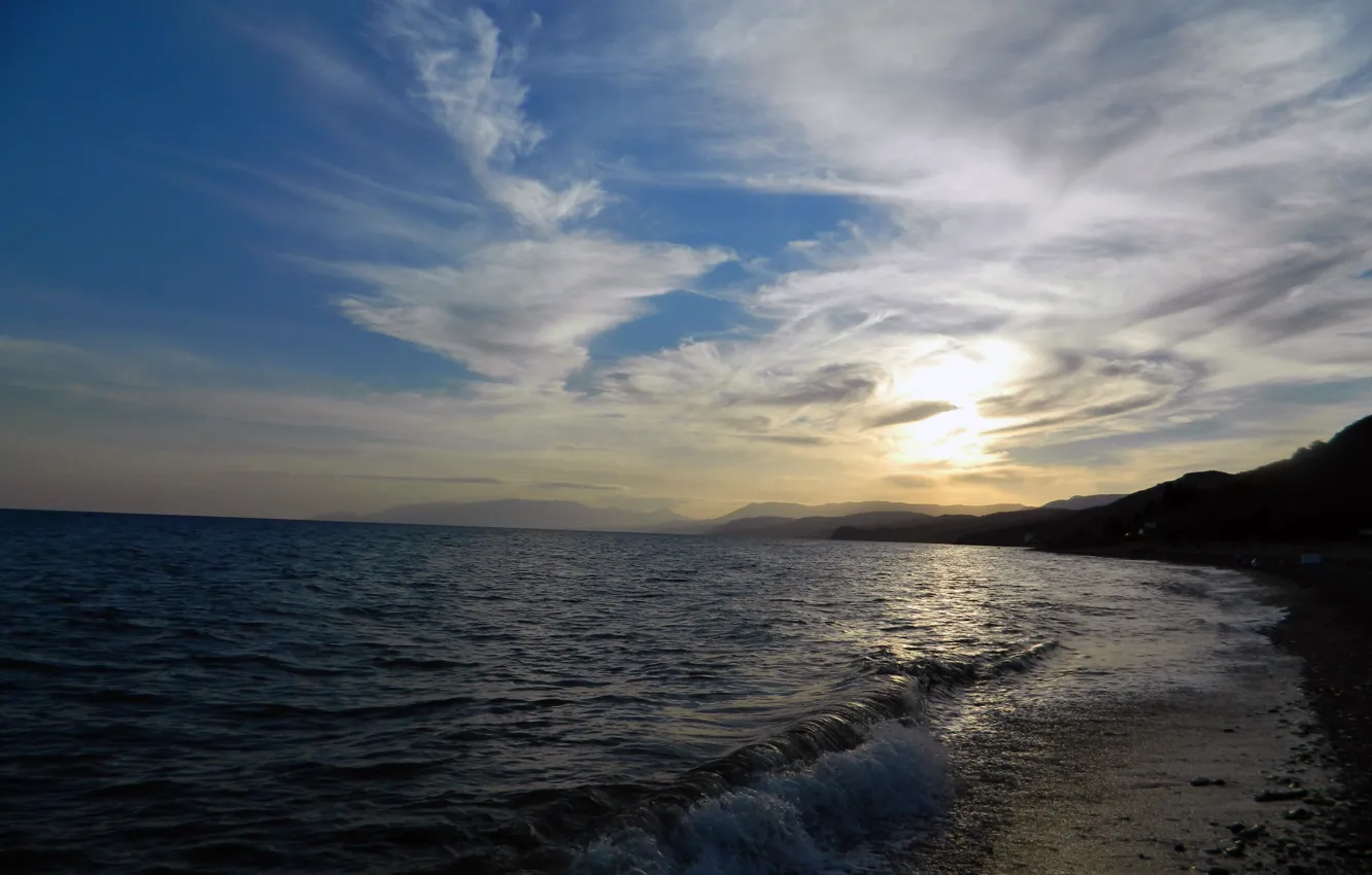 Photo wallpaper sea, wave, water, the sun, shore