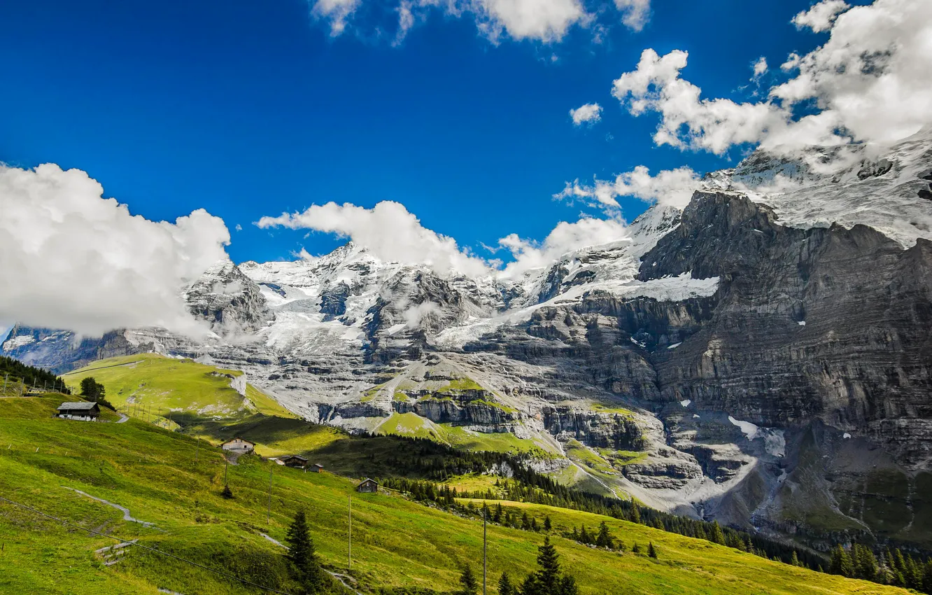Photo wallpaper the sky, clouds, trees, mountains, home, slope