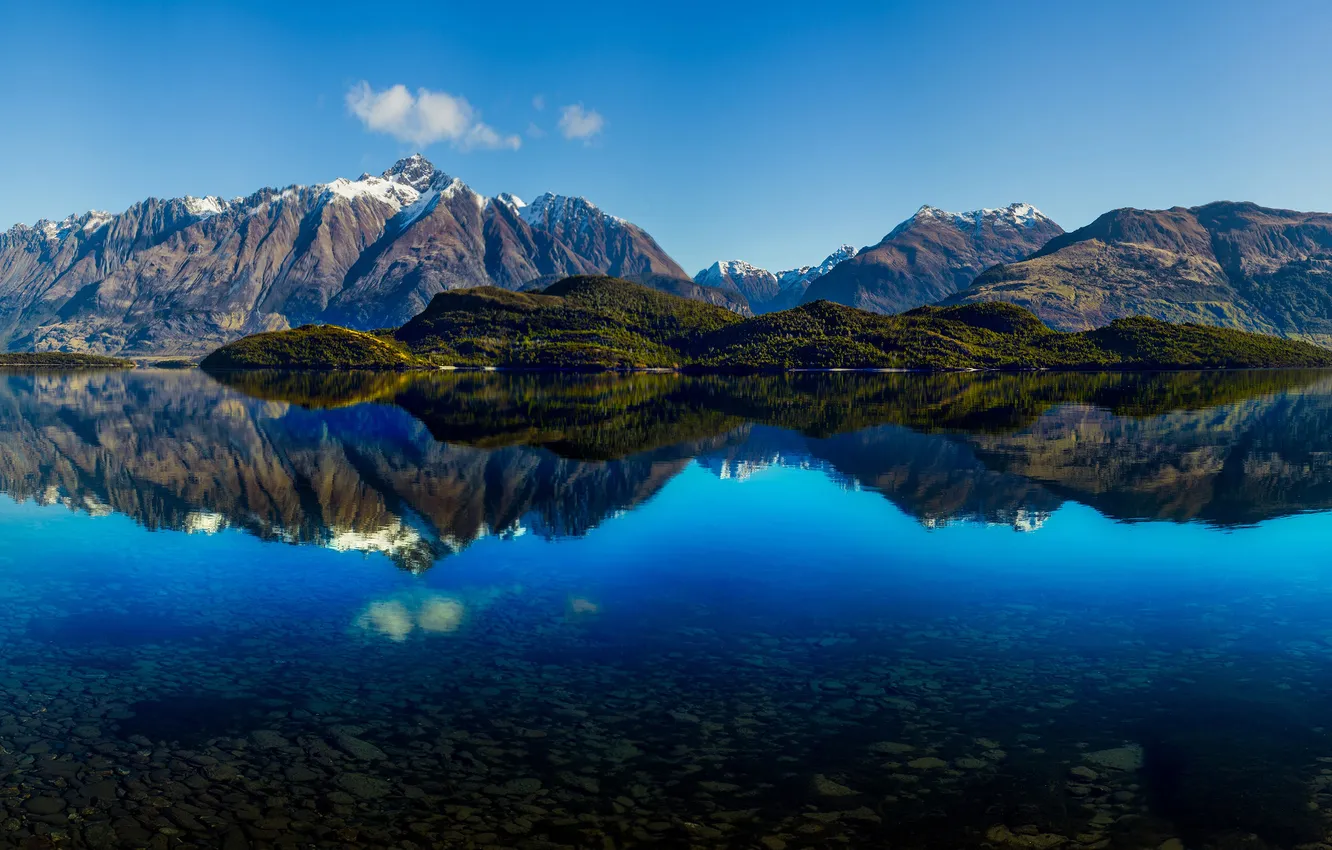 Photo wallpaper mountains, lake, horizon, the reflection in the water, blue sky, the beauty of nature, Picturesque …