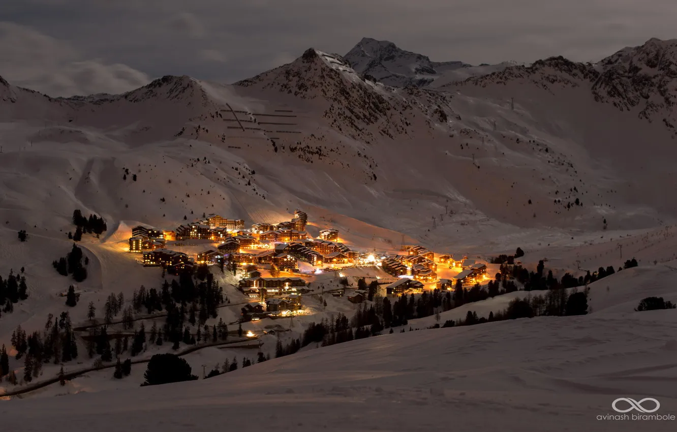 Photo wallpaper winter, snow, landscape, mountains, night, lights, valley, resort