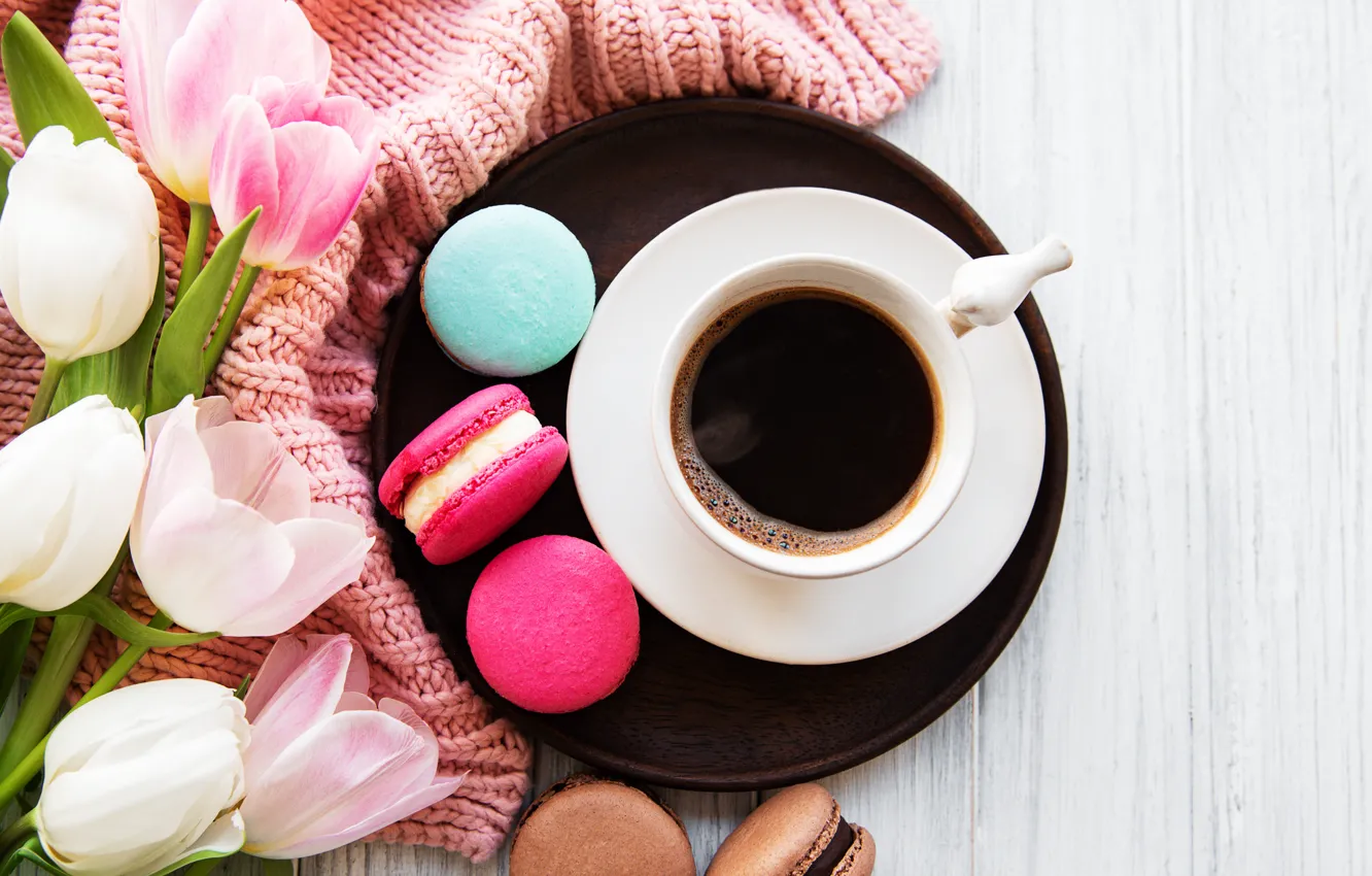 Photo wallpaper colorful, tulips, pink, tulips, coffee cup, macaroons, macaron, a Cup of coffee