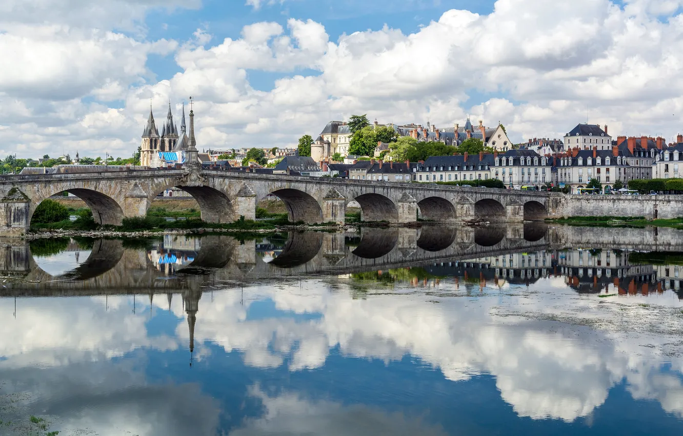 Photo wallpaper clouds, bridge, the city, river, the reflection in the water, Loire, Blois