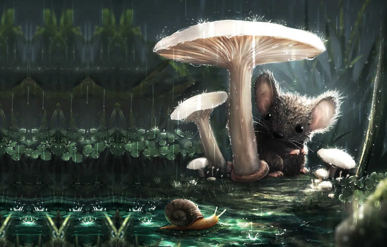 Photo wallpaper the rain, summer, mushroom, snail, mouse, art, friends, children's