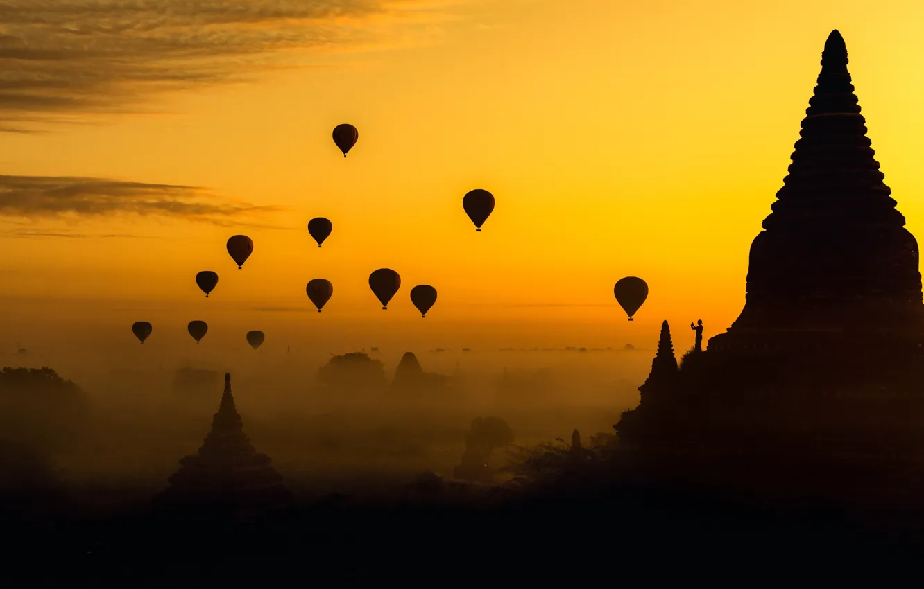 Photo wallpaper fog, balloons, pagoda, fog, balloons, Pagodas, Witold Friend