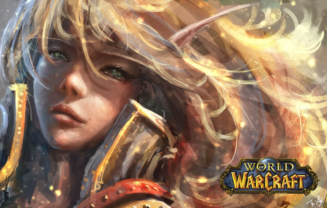 Photo wallpaper girl, face, Shine, armor, long hair, green eyes, world of warcraft, blood elf