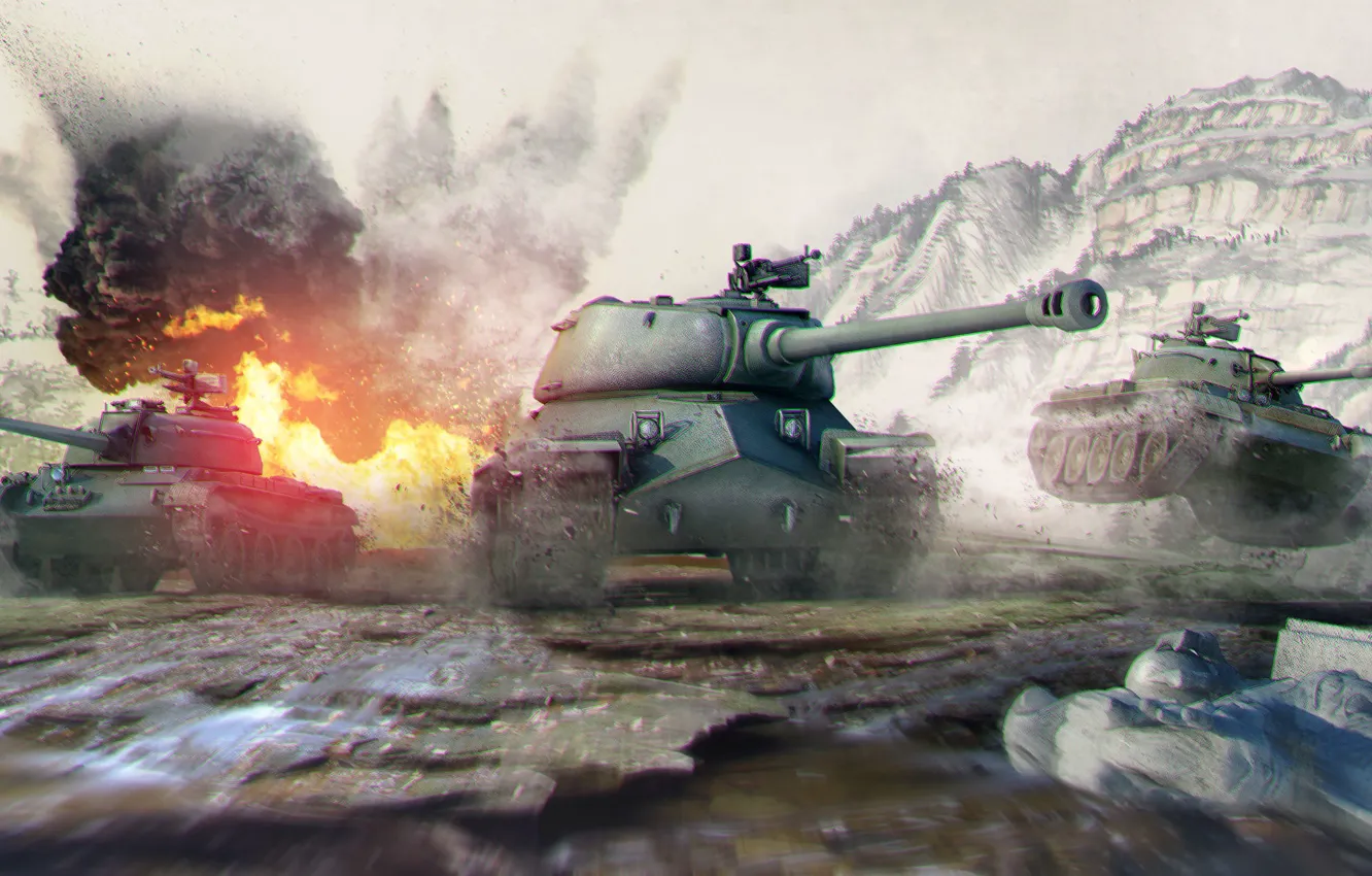 Photo wallpaper Mountains, The explosion, Tanks, Game, WoT, World of Tanks, World Of Tanks, Wargaming Net