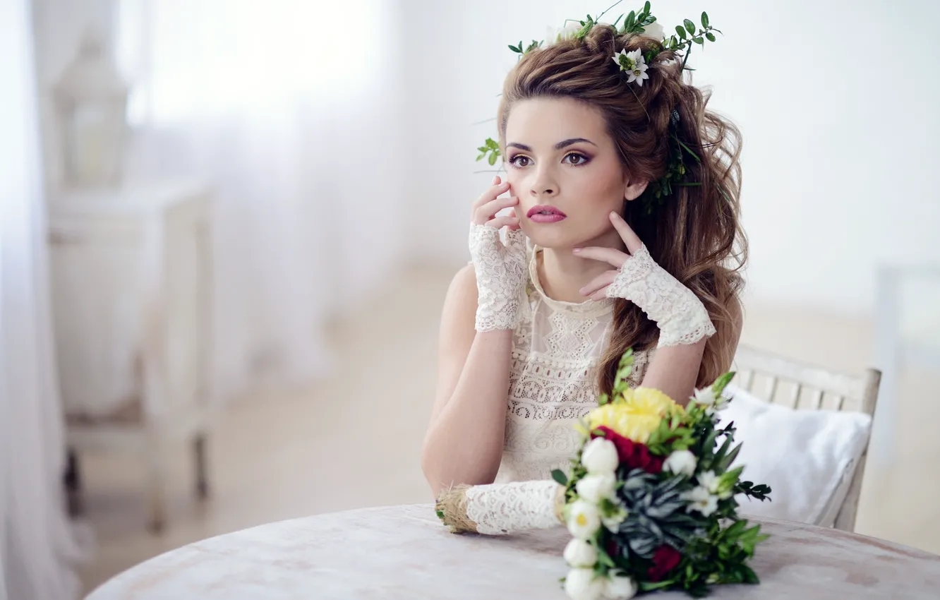 Photo wallpaper look, girl, flowers, hairstyle, gloves, waiting, lace, phographer