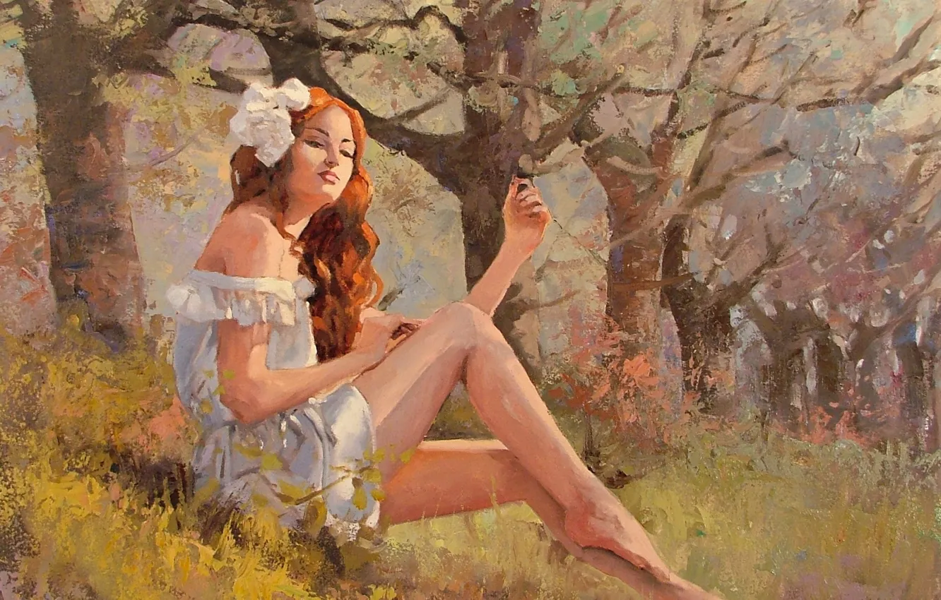 Photo wallpaper grass, look, girl, trees, nature, red, painting, sitting
