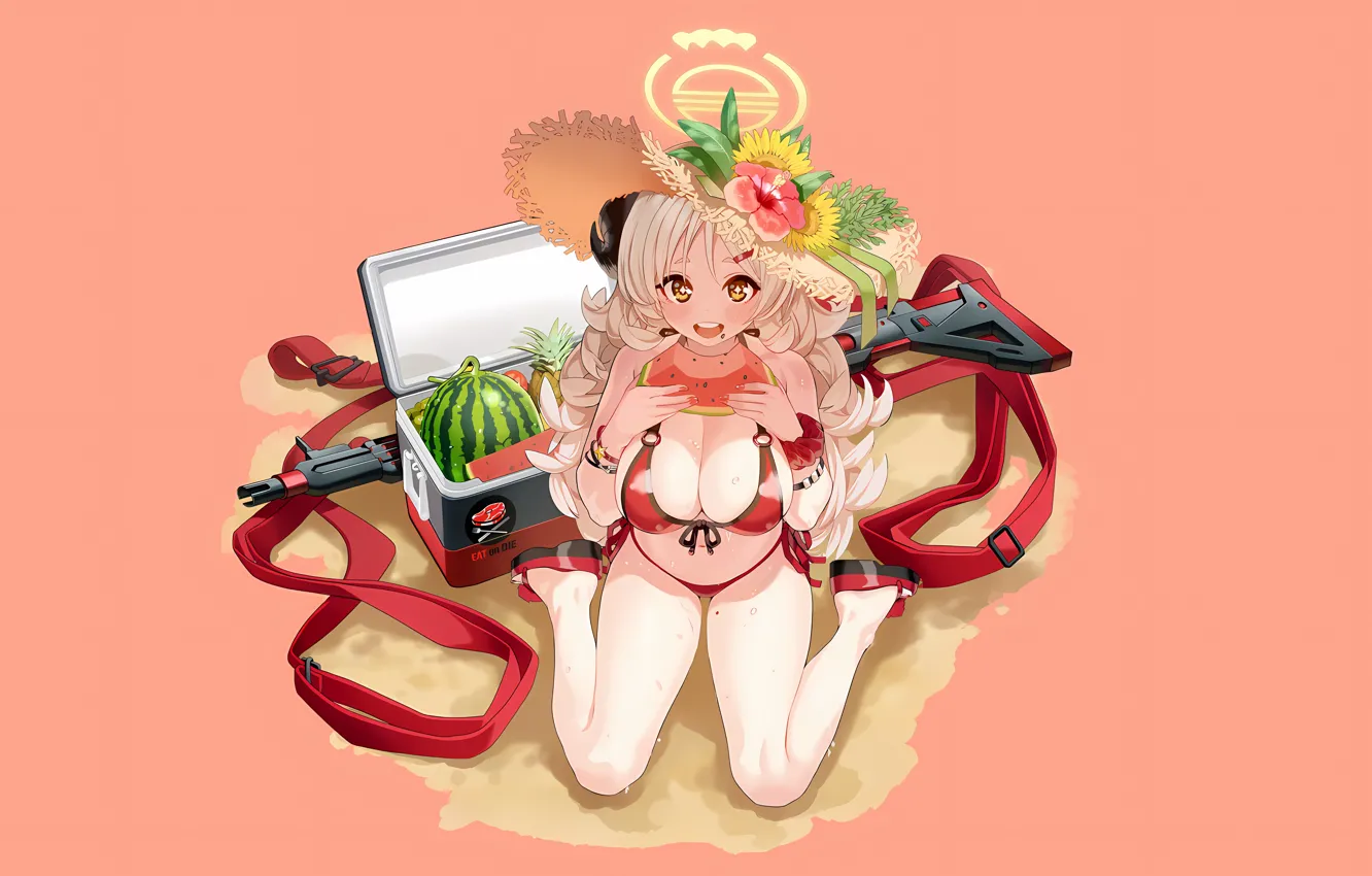 Photo wallpaper girl, sexy, wet, cleavage, horns, long hair, legs, boobs