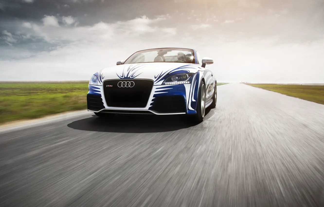 Photo wallpaper Audi, The sky, Clouds, Auto, Road, Tuning, Speed, Machine