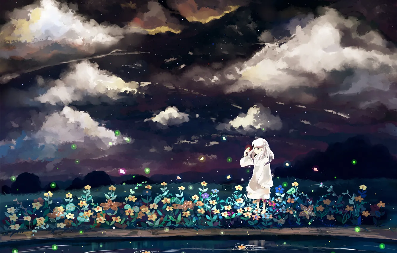 Photo wallpaper the sky, clouds, flowers, night, fireflies, anime, art, girl