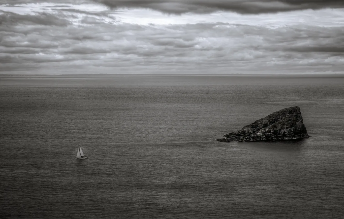 Photo wallpaper sea, clouds, stones, shore, sailboat, horizon