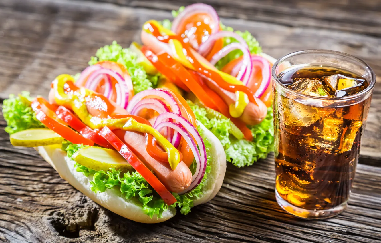 Photo wallpaper ice, sausage, bow, pepper, vegetables, Cola, cucumbers, sandwiches