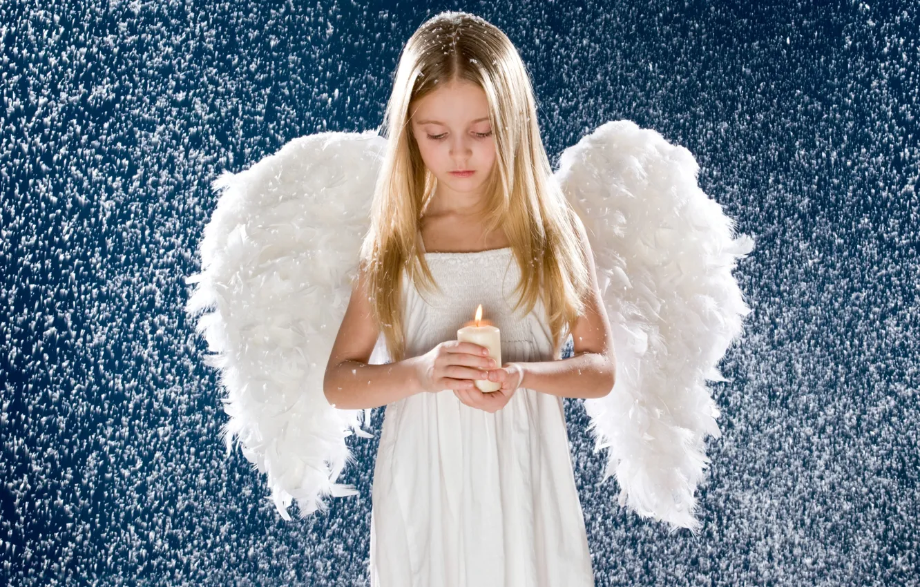 Photo wallpaper snow, candle, wings, angel, Girl