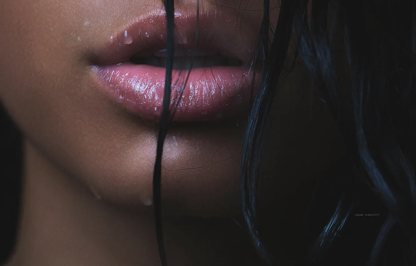 Photo wallpaper girl, drops, face, water, lips