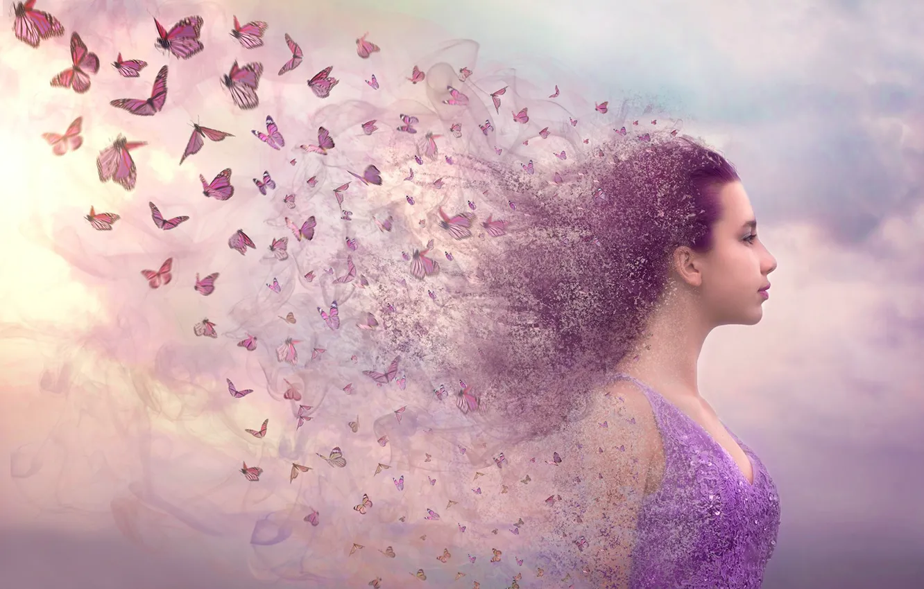 Photo wallpaper girl, butterfly, face, fantasy, mood, profile
