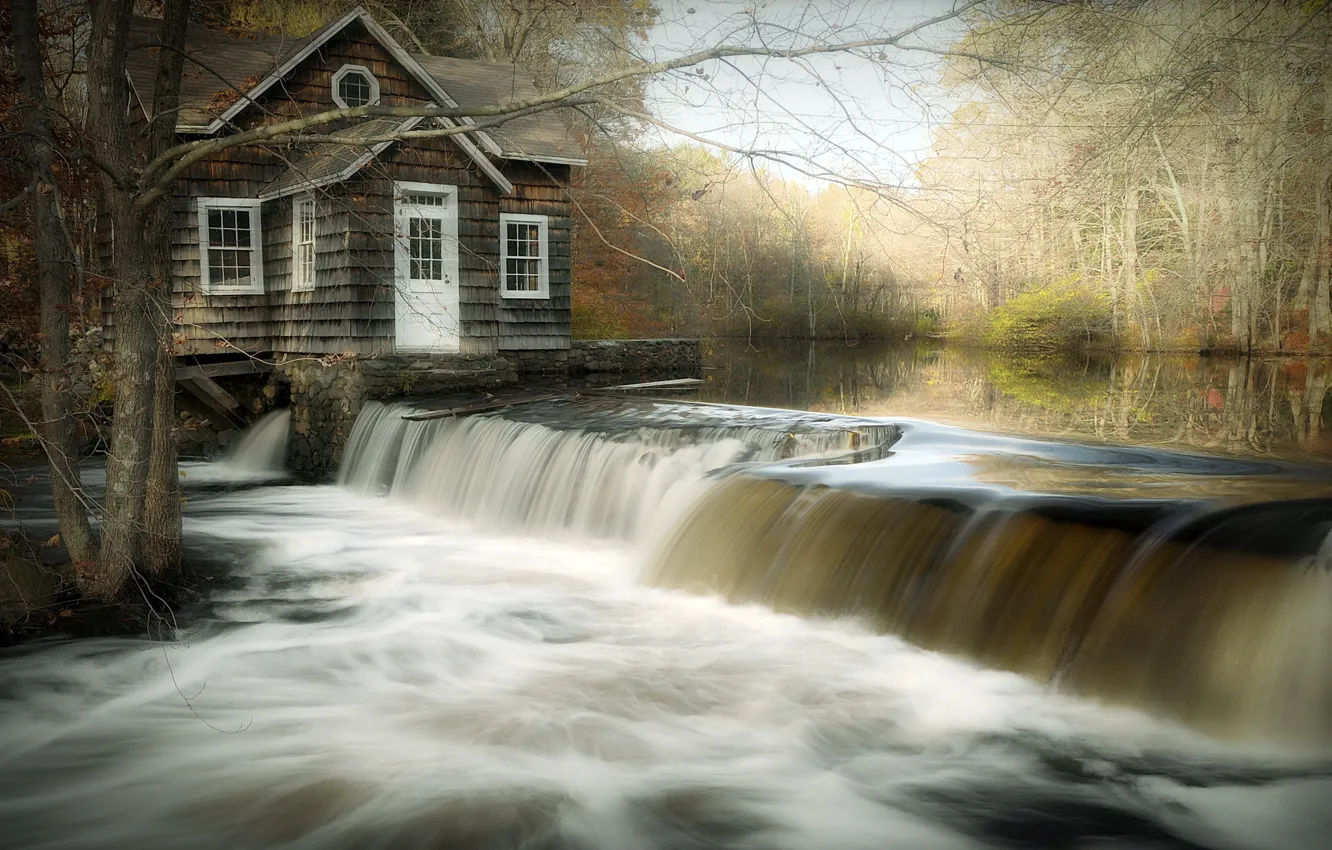 Photo wallpaper landscape, house, river, waterfall