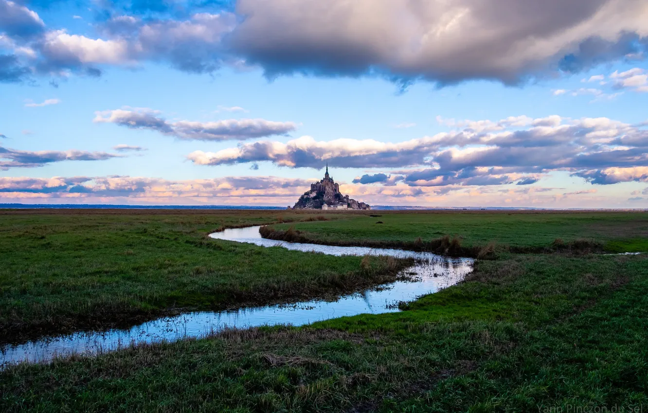 Photo wallpaper the sky, grass, water, clouds, France, island, horizon, fortress