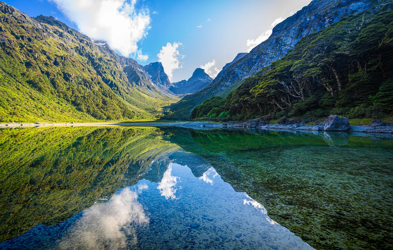 Photo wallpaper landscape, mountains, lake, reflection, New Zealand, parks, Mount Aspiring National Park