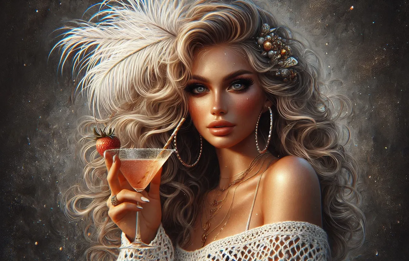 Photo wallpaper girl, glass, portrait, earrings, feathers, makeup, strawberry, blonde