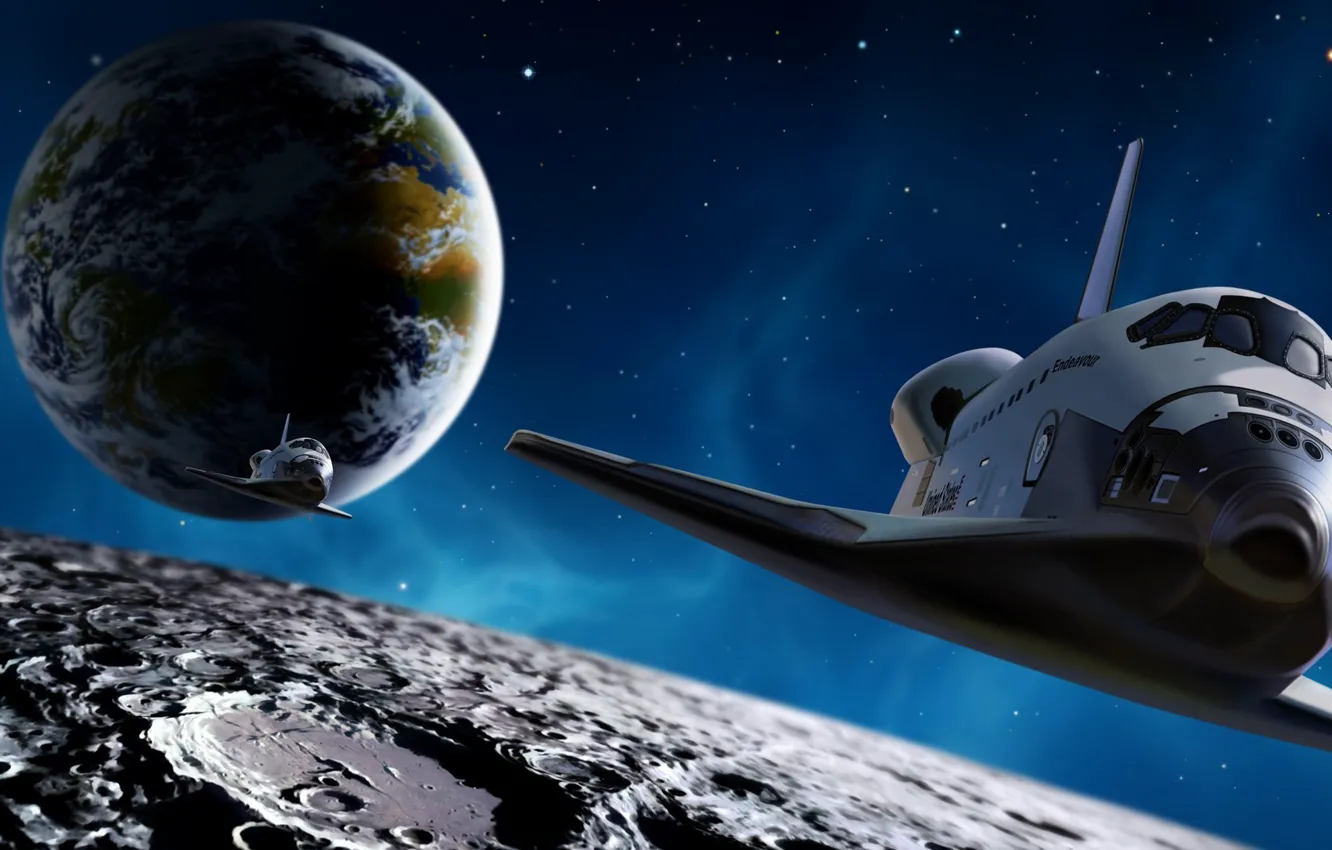 Photo wallpaper space, earth, the moon, Shuttle, endevour. stars