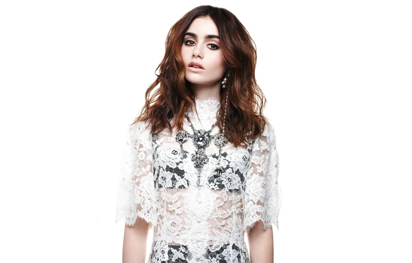 Photo wallpaper girl, actress, brunette, white background, Lily Collins, Lily Collins