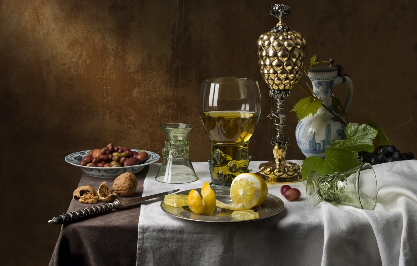 Photo wallpaper wine, lemon, glass, grapes, nuts, still life, olives