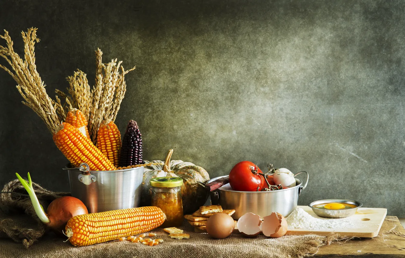 Photo wallpaper eggs, corn, pumpkin, still life, tomatoes, cuts