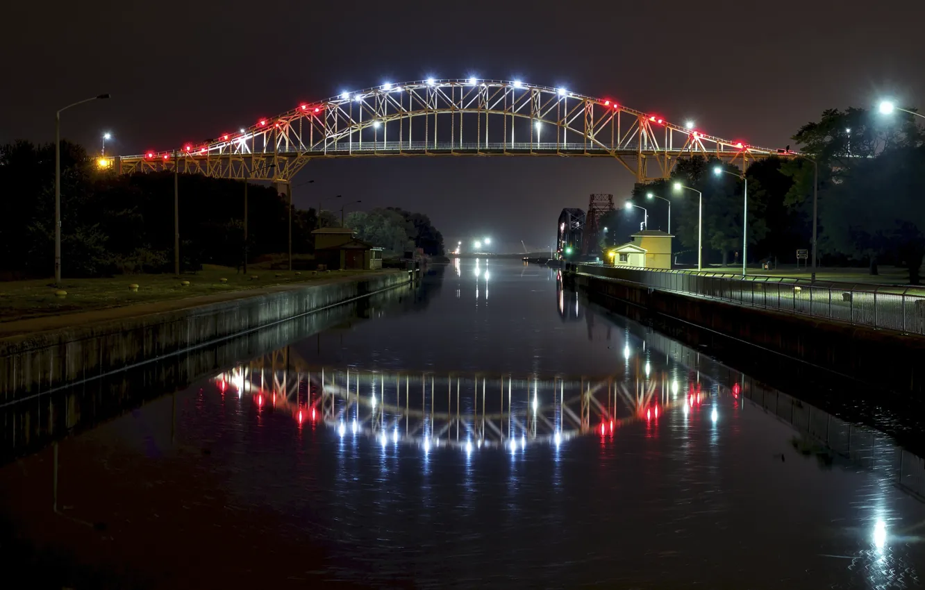 Photo wallpaper night, bridge, lights, river, Canada, Ontario, Sous-Sainte-Marie