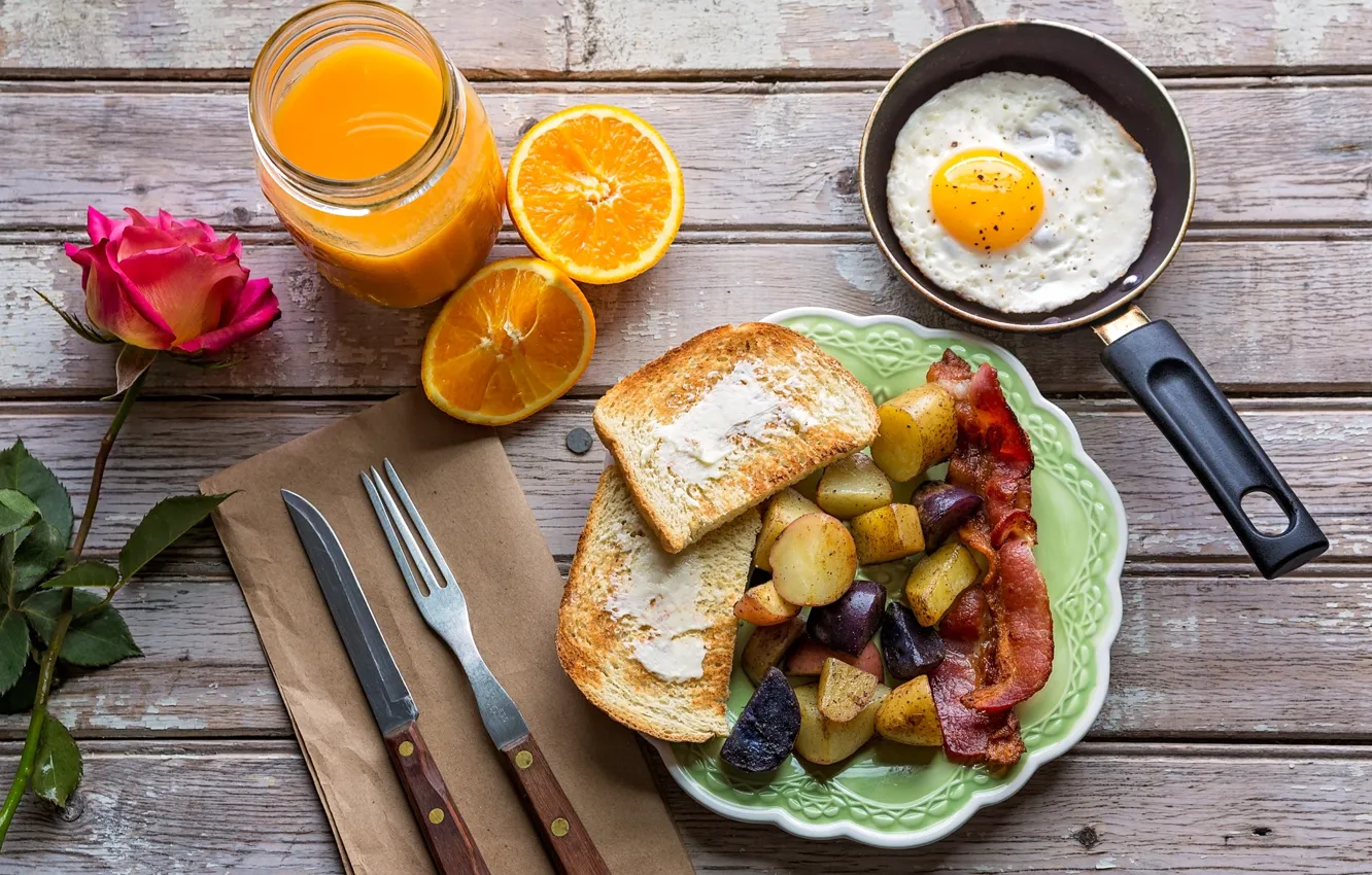 Photo wallpaper rose, orange, Breakfast, juice, scrambled eggs, bacon, toast, potatoes