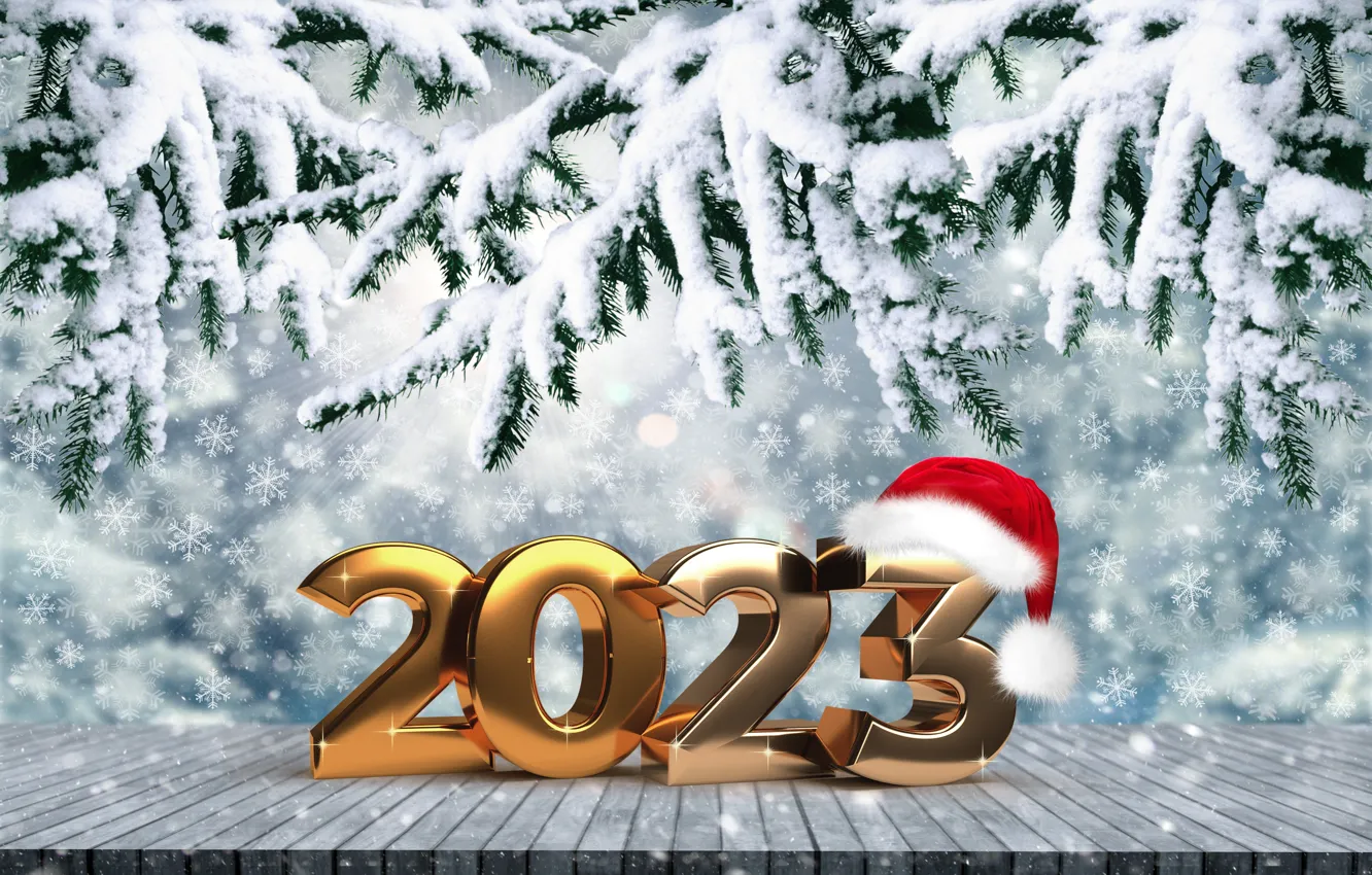 Photo wallpaper winter, snow, snowflakes, balls, new year, figures, metal, golden