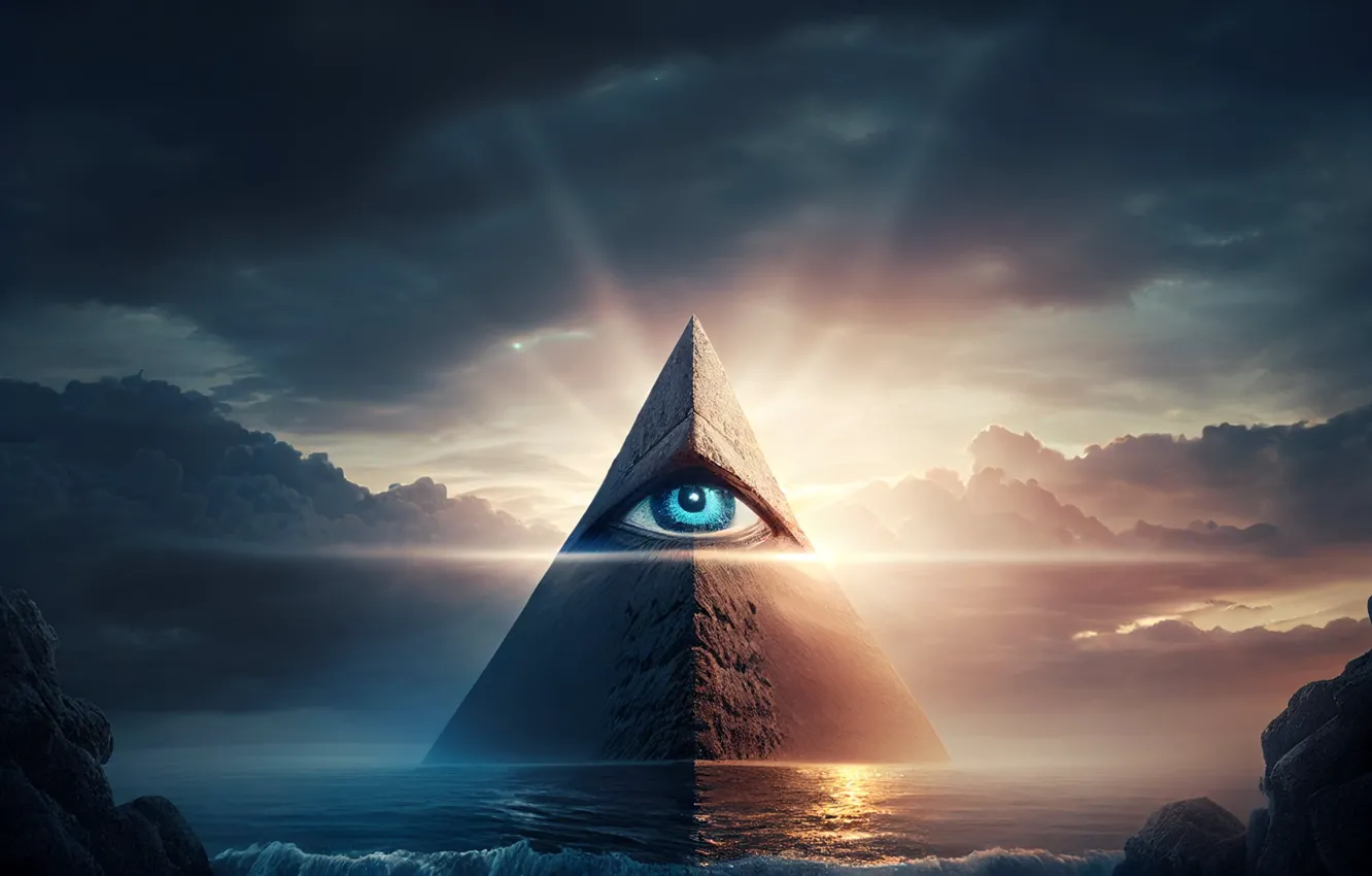 Photo wallpaper eyes, clouds, pyramid, The Illuminati, AI art, The Eye of Providence
