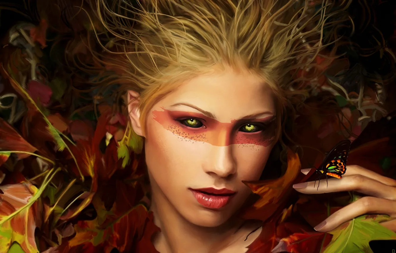 Photo wallpaper autumn, leaves, girl, face, butterfly, tattoo, art, freckles