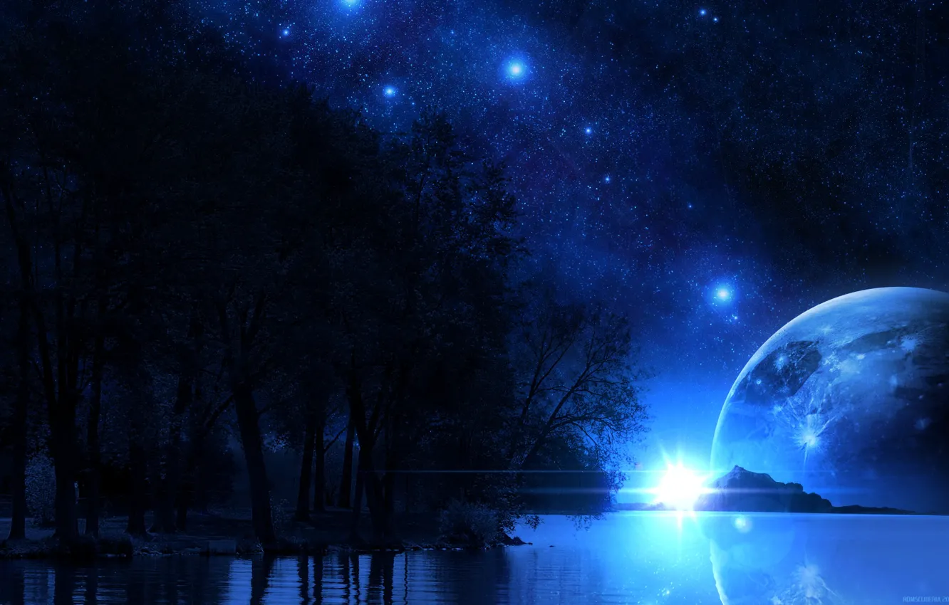 Photo wallpaper water, trees, night, planet, silhouette, art, starry sky