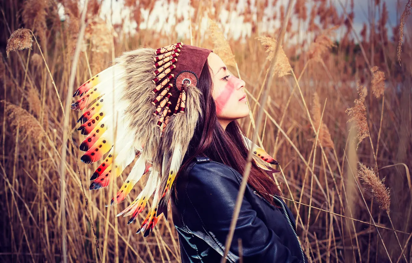 Photo wallpaper girl, face, feathers, reed, leather jacket, paint, headdress