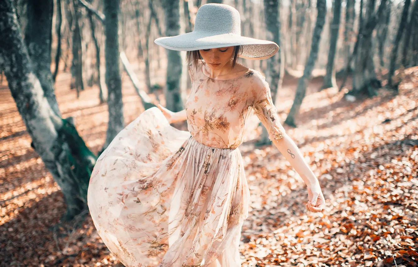 Photo wallpaper Girl, Forest, Leaves, Dress, Hat