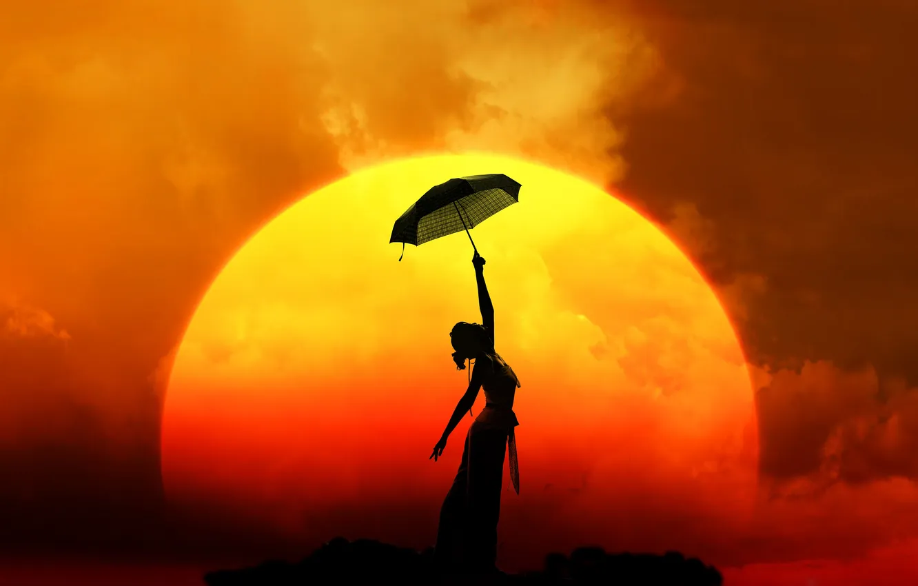 Photo wallpaper girl, the sun, sunset, umbrella, dress