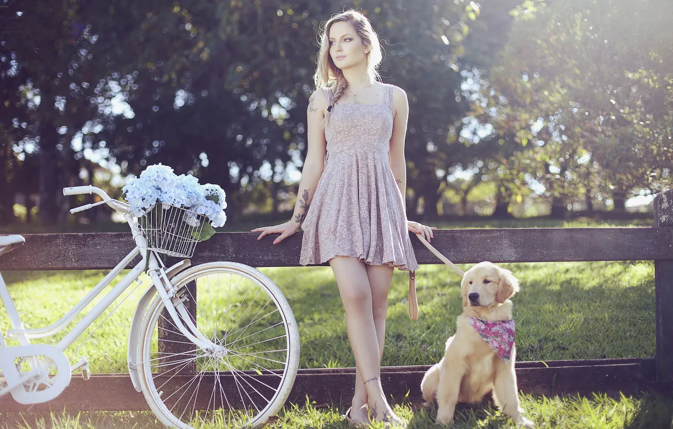 Photo wallpaper girl, bike, mood, dog