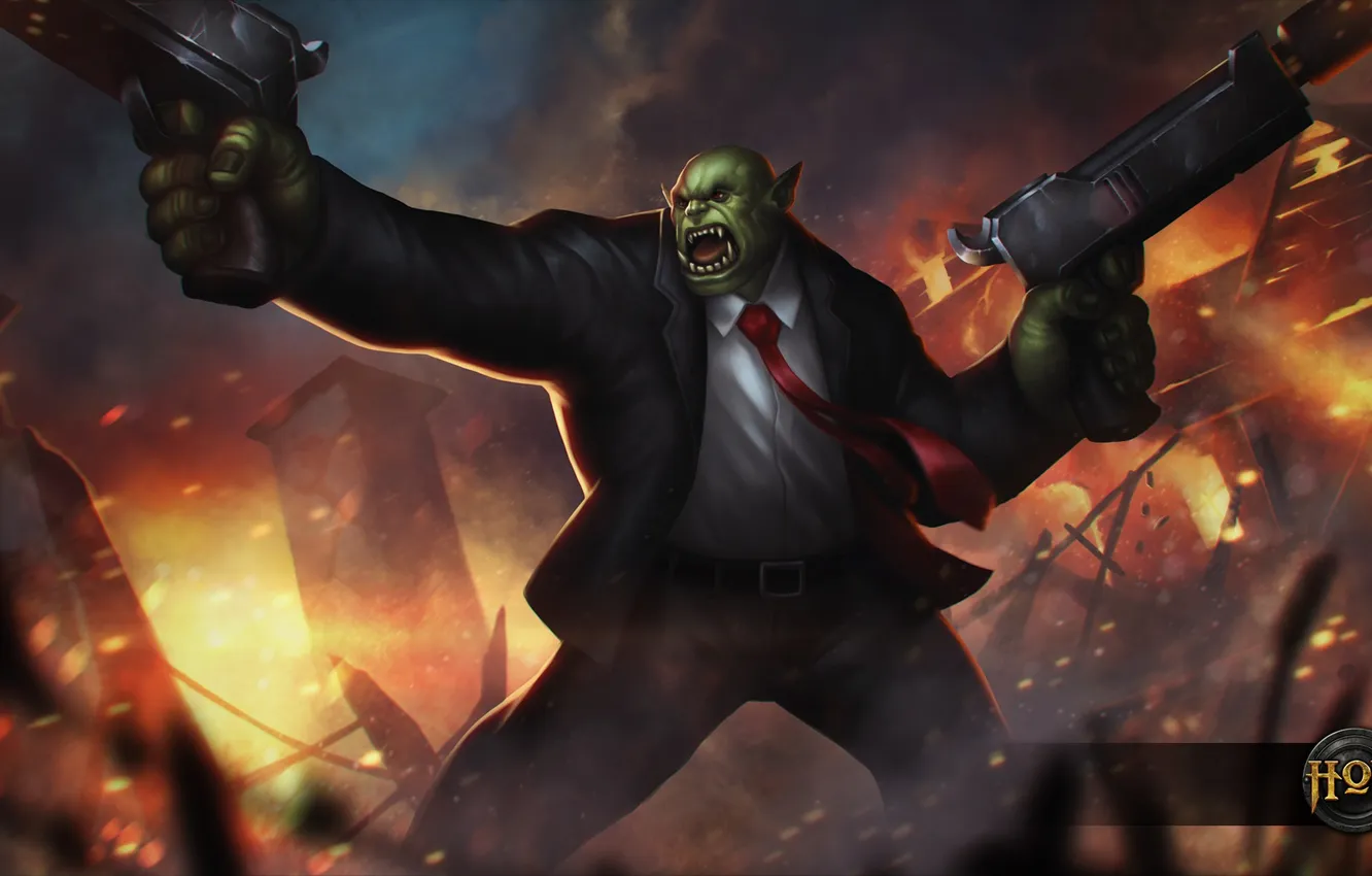 Photo wallpaper the explosion, lights, gun, weapons, costume, Orc, Heroes of Newerth, Flint Beastwood