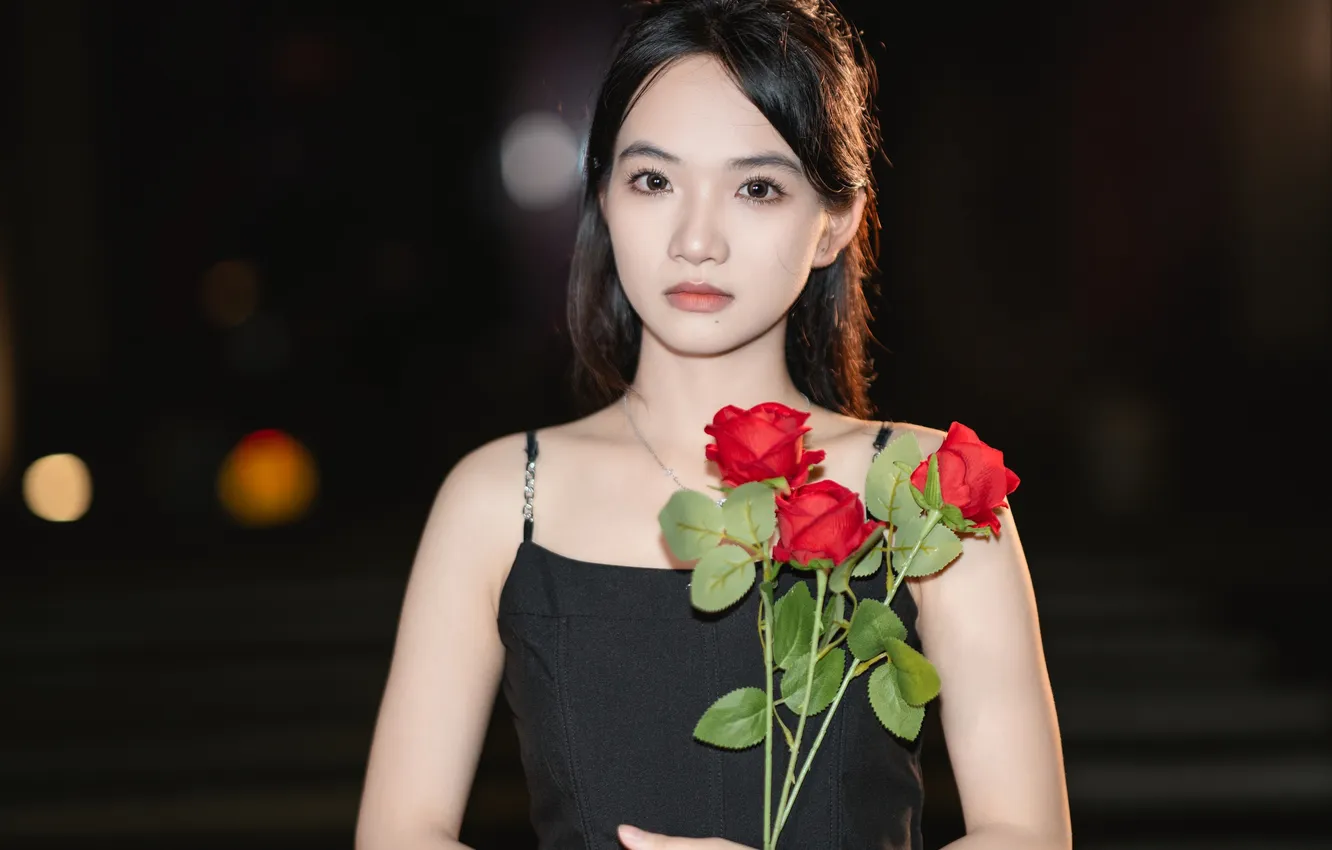Photo wallpaper rose, flower, woman, night, beautiful, model, pretty, asian
