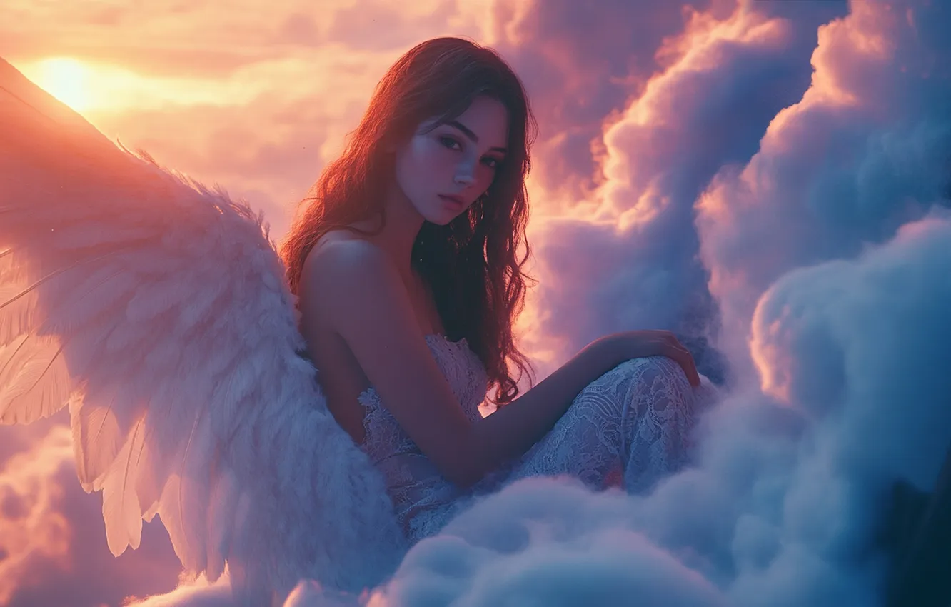 Photo wallpaper girl, clouds, dawn, hair, wings, angel, digital art, AI art