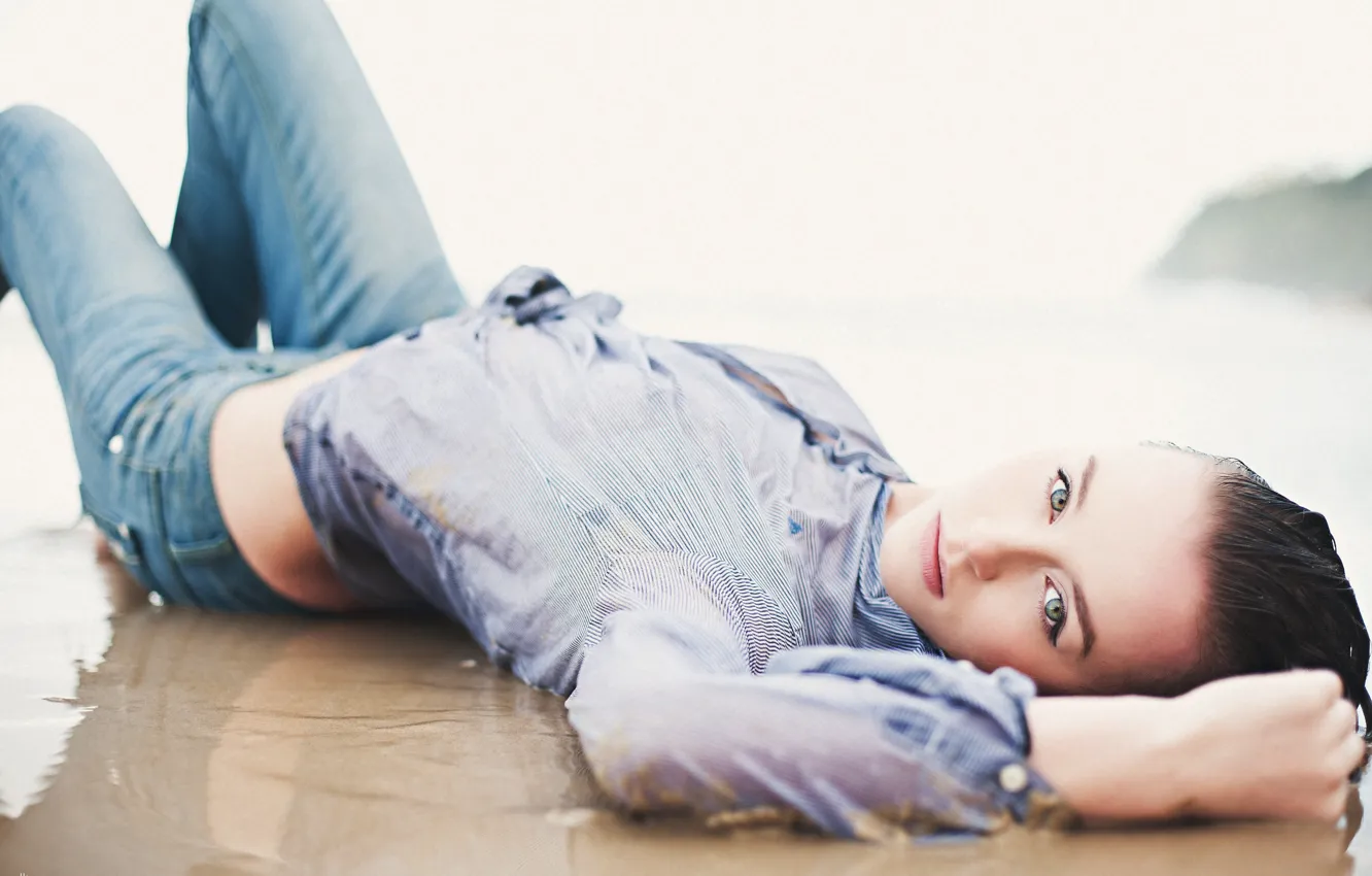 Photo wallpaper sand, beach, girl, pose, clothing, wet, jeans, lies