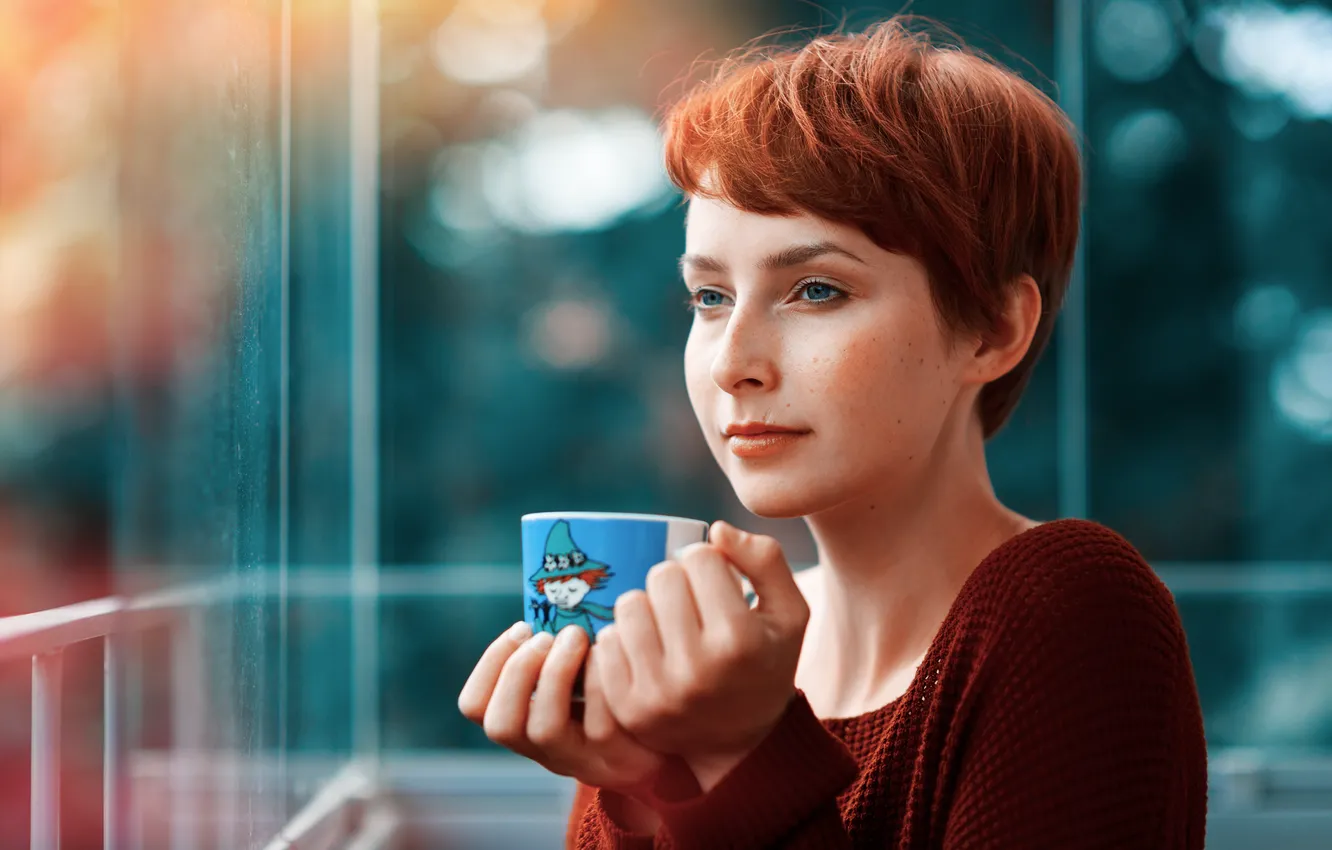 Photo wallpaper look, girl, mug, red, blue-eyed