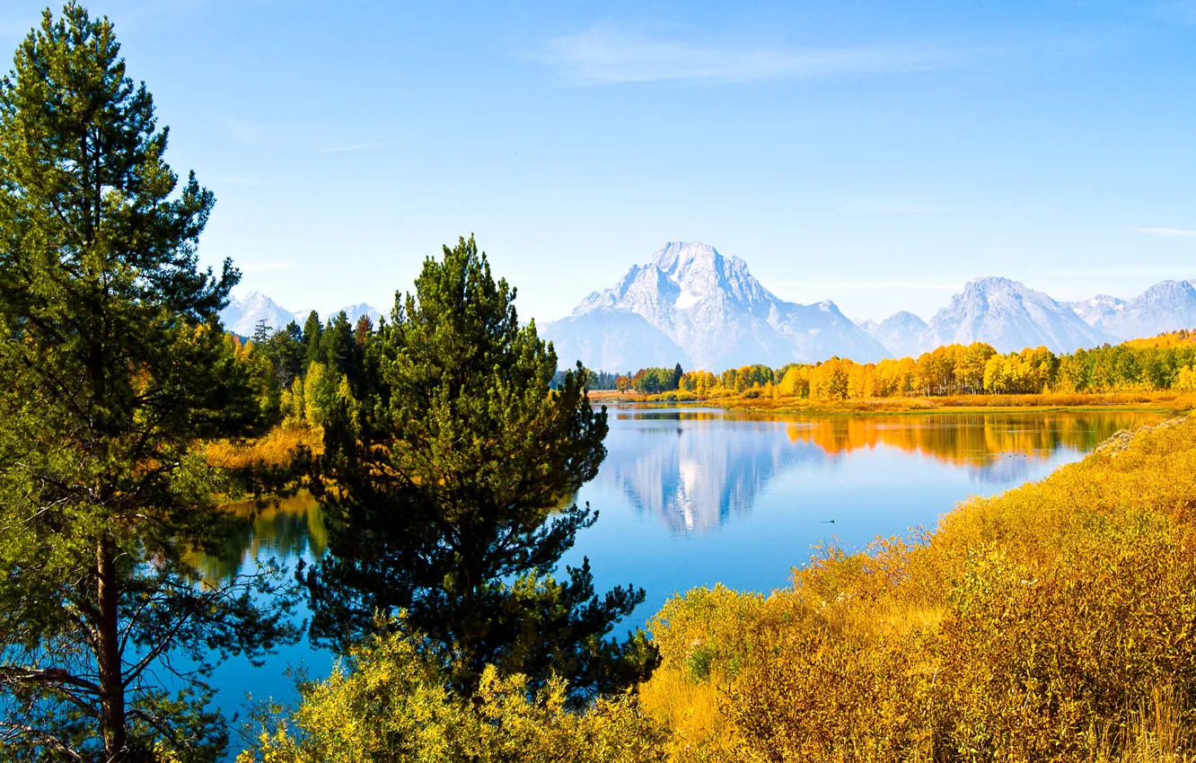 Photo wallpaper autumn, the sky, clouds, trees, mountains, lake, USA, Wyoming