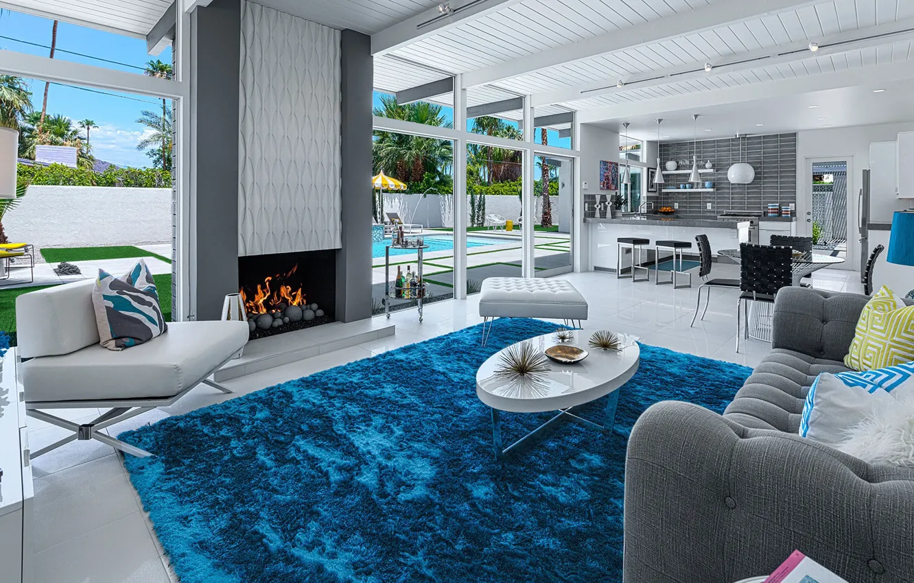 Photo wallpaper interior, pool, kitchen, fireplace, United States, California, terrace, living room