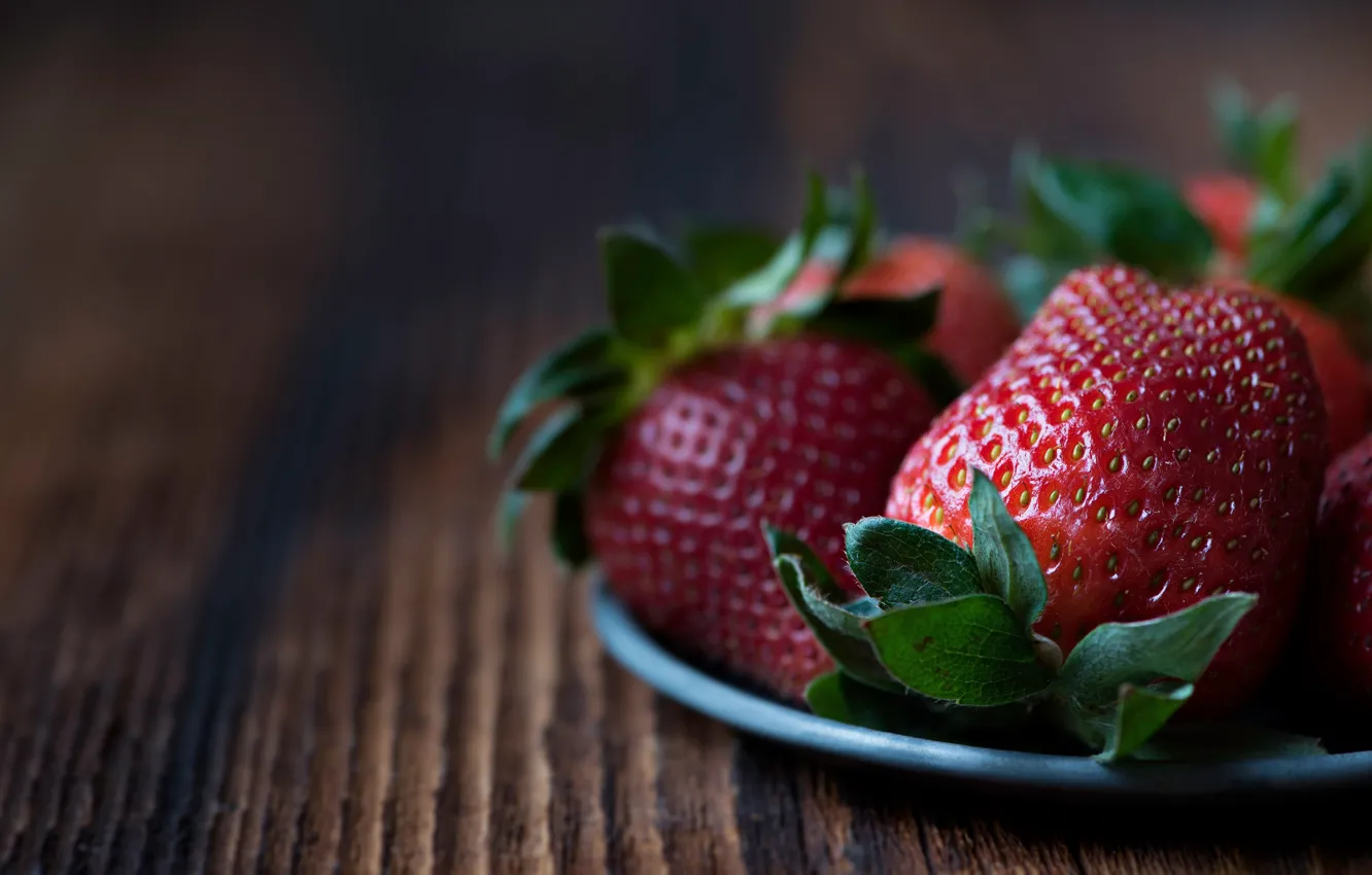 Photo wallpaper berries, table, background, dark, Board, food, strawberry, plate