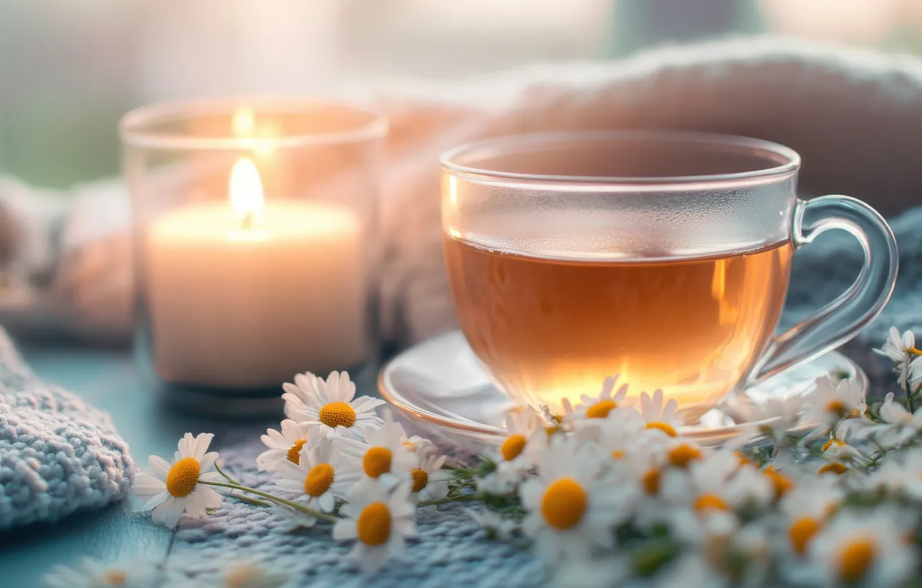 Photo wallpaper glass, transparency, light, flowers, table, tea, Board, chamomile