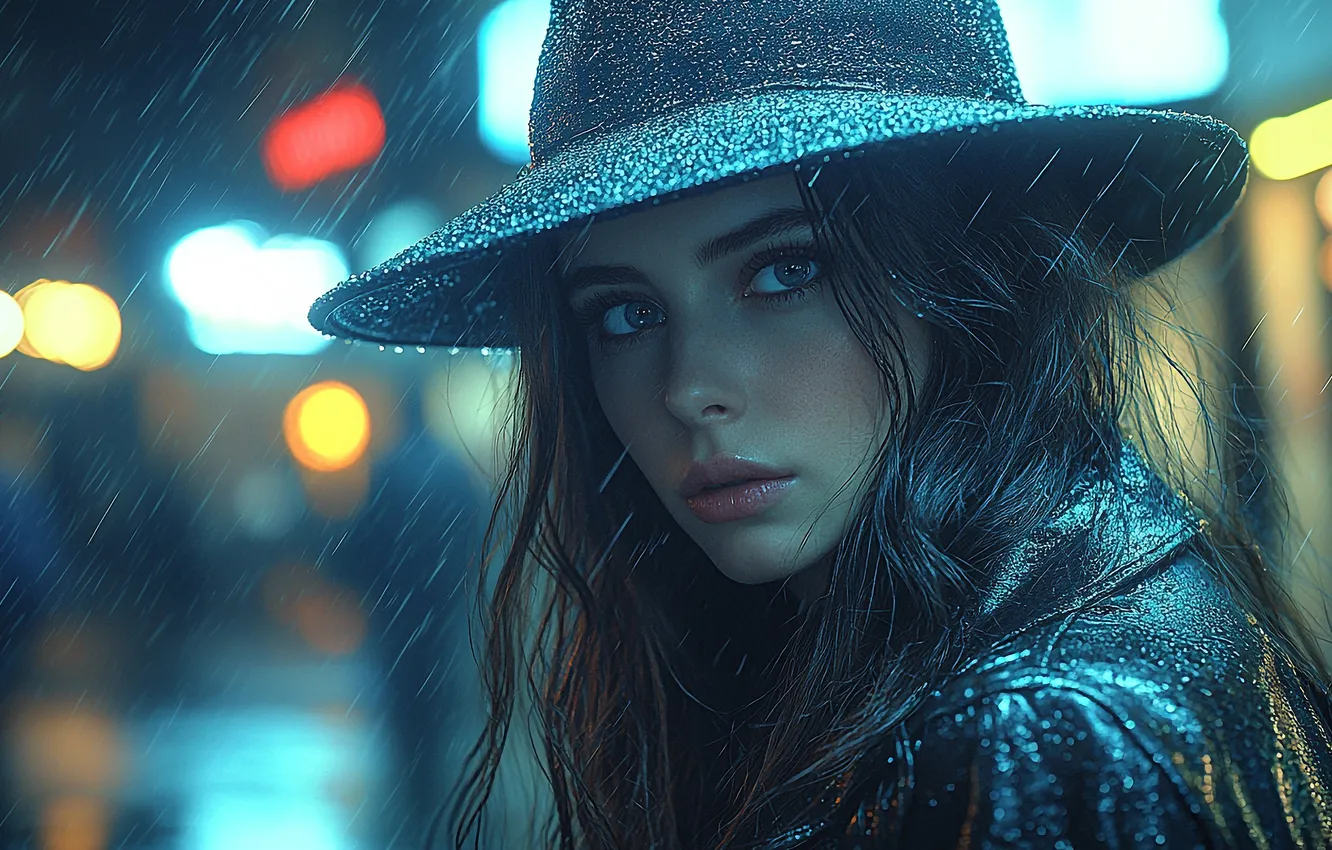 Photo wallpaper road, look, girl, drops, night, face, the city, lights