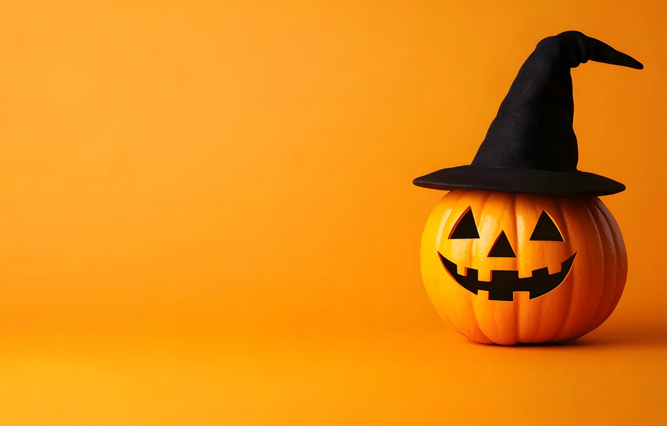 Photo wallpaper autumn, holiday, black, hat, pumpkin, Halloween, witch, orange background